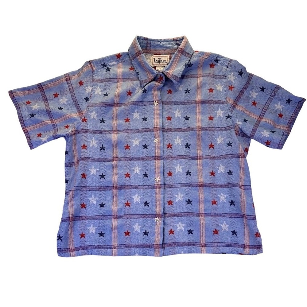 TanTrums Vintage Americana Stars Plaid Cotton Button Down Shirt XL Patriotic USA